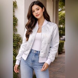 Jules Plag Designs Feather Print Bomber Jacket, size Small